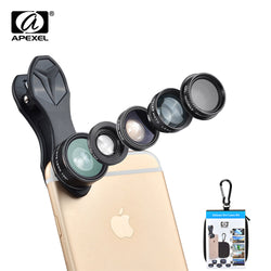 APEXEL 5 in 1 Fish Eye Wide Angle Macro lens Telescope telephoto lens CPL Mobile Phone camera lens For iPhone Samsung xiaomi DG5